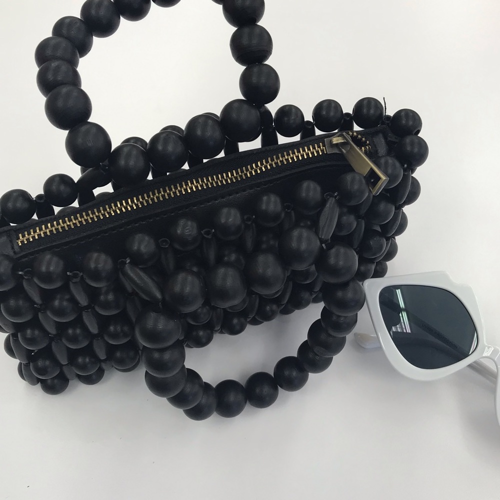 Last1! MINI WOOD BEADED TOP HANDLE HANDBAG - BLACK - Picture 4 of 5
